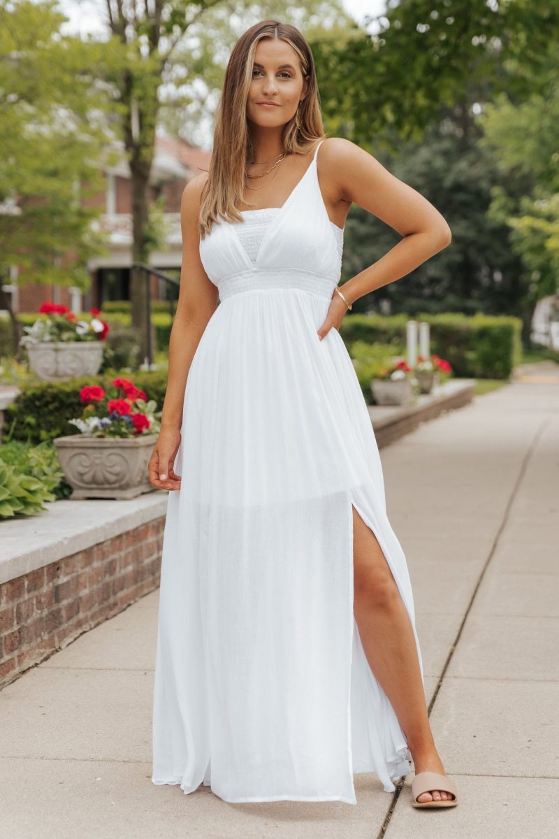 white smocked slit maxi dress final sale 930867