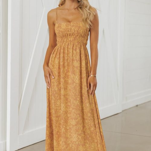 yellow print smocked maxi dress pre order 916563